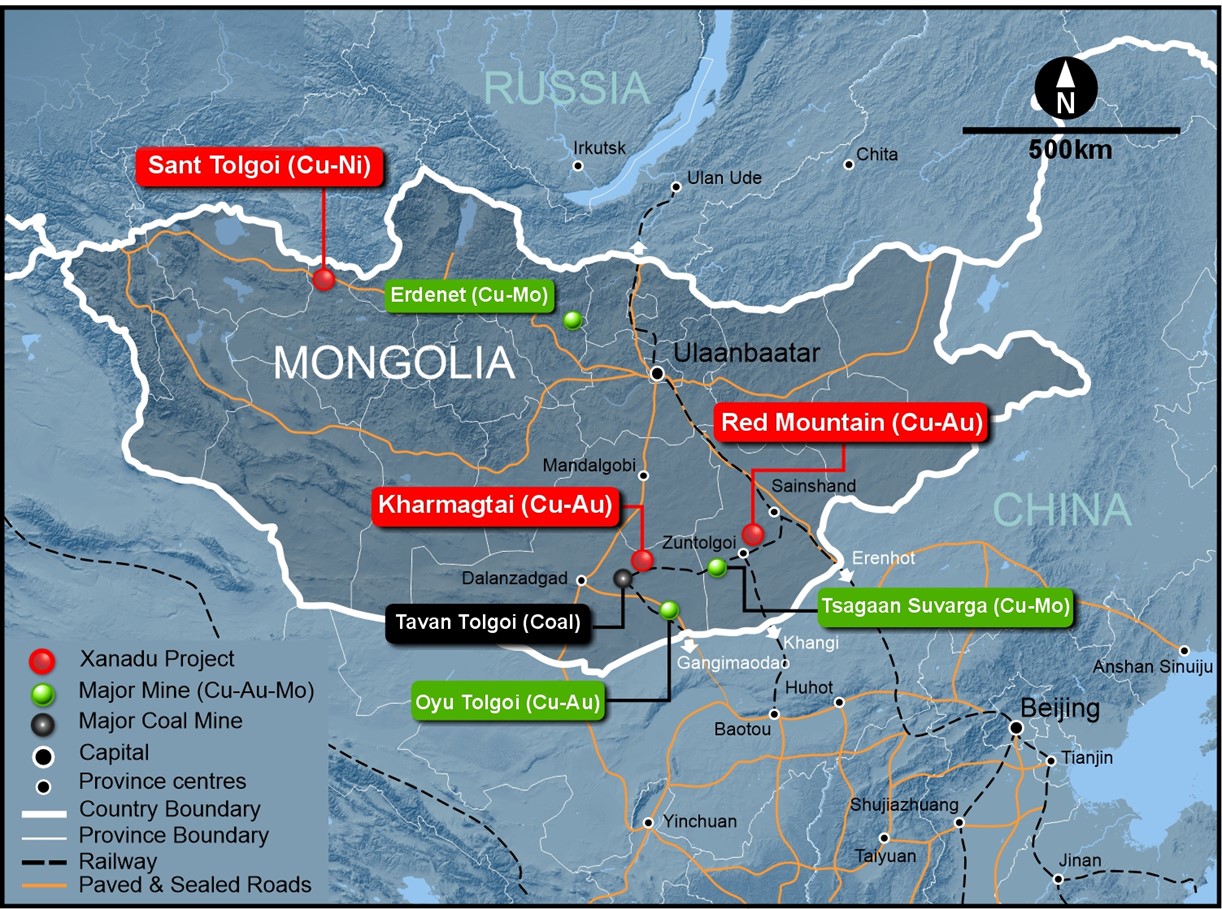 Map of Mongolia, showing location of the Red Mountain Mining Lease.